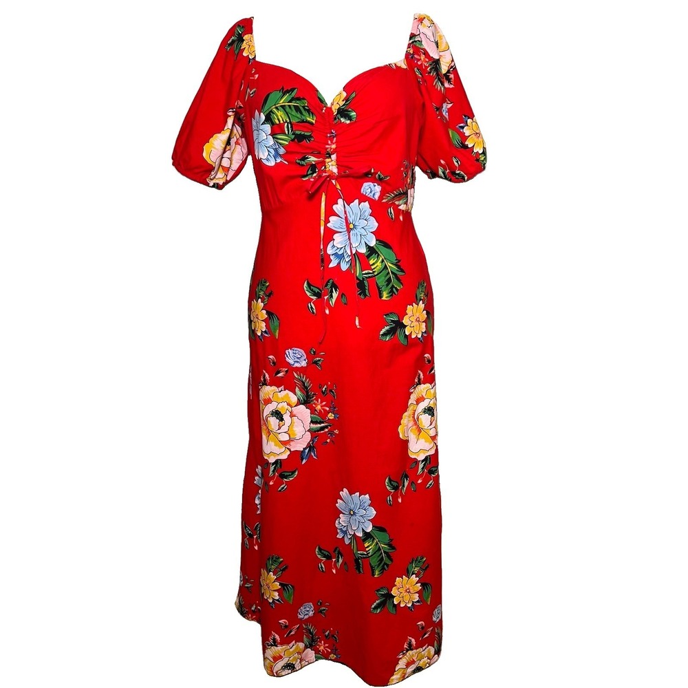 NAOO Hawaiian Lei Dress L Boho Red Floral Puff Slv Ruched Sweetheart Maxi Resort